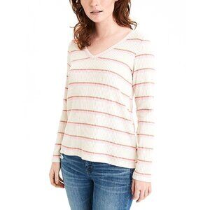 American Eagle Outfitters Striped V-neck waffle knit sweater in off-white/tan &